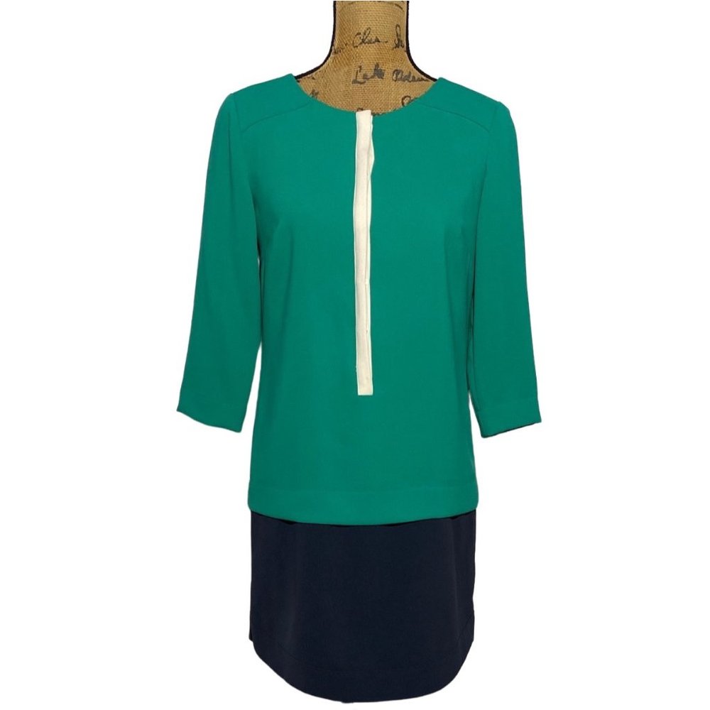 Ann‎ Taylor 2 Dress Shift Color Block Shirt Tail Hem Green Navy Blue Colorblock